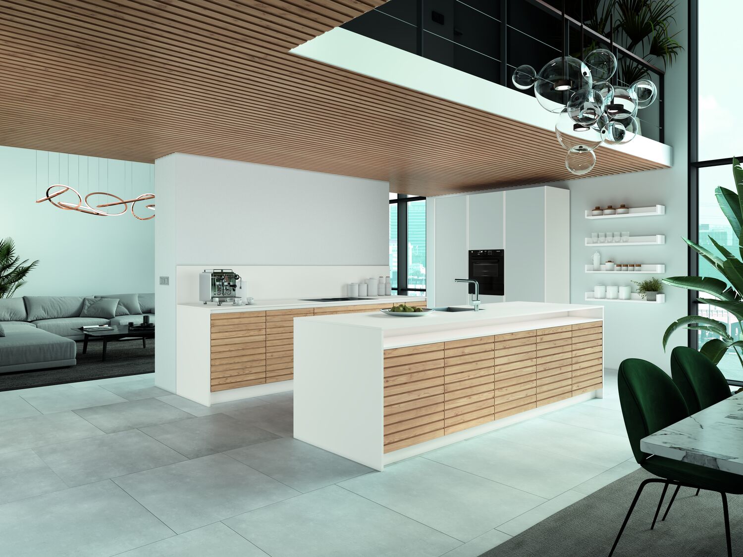 Cuisine contemporaine blanche avec façades à lamelles de bois, gris craie