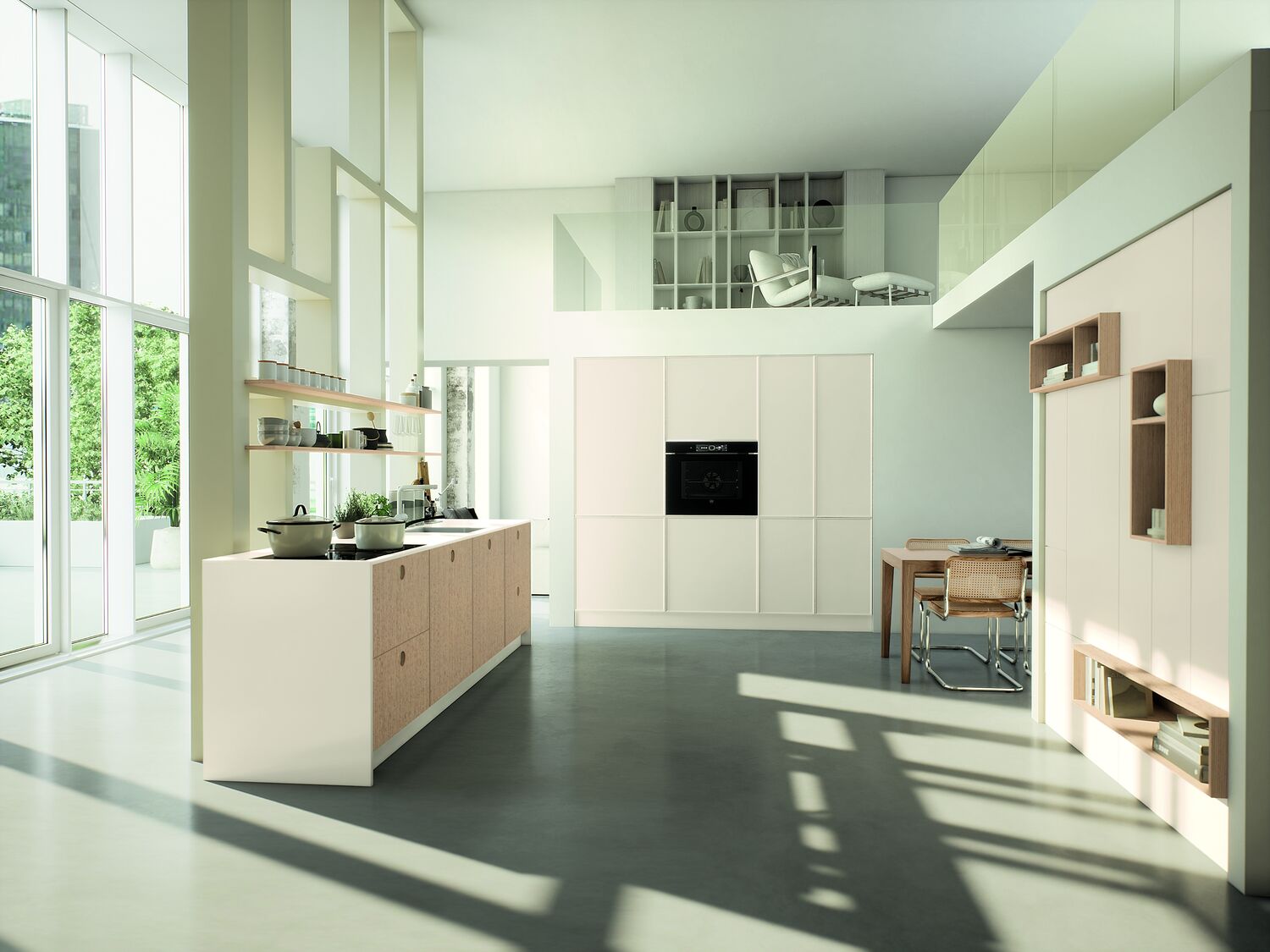 Cuisine crème et chêne clair de style scandinave, très lumineuse