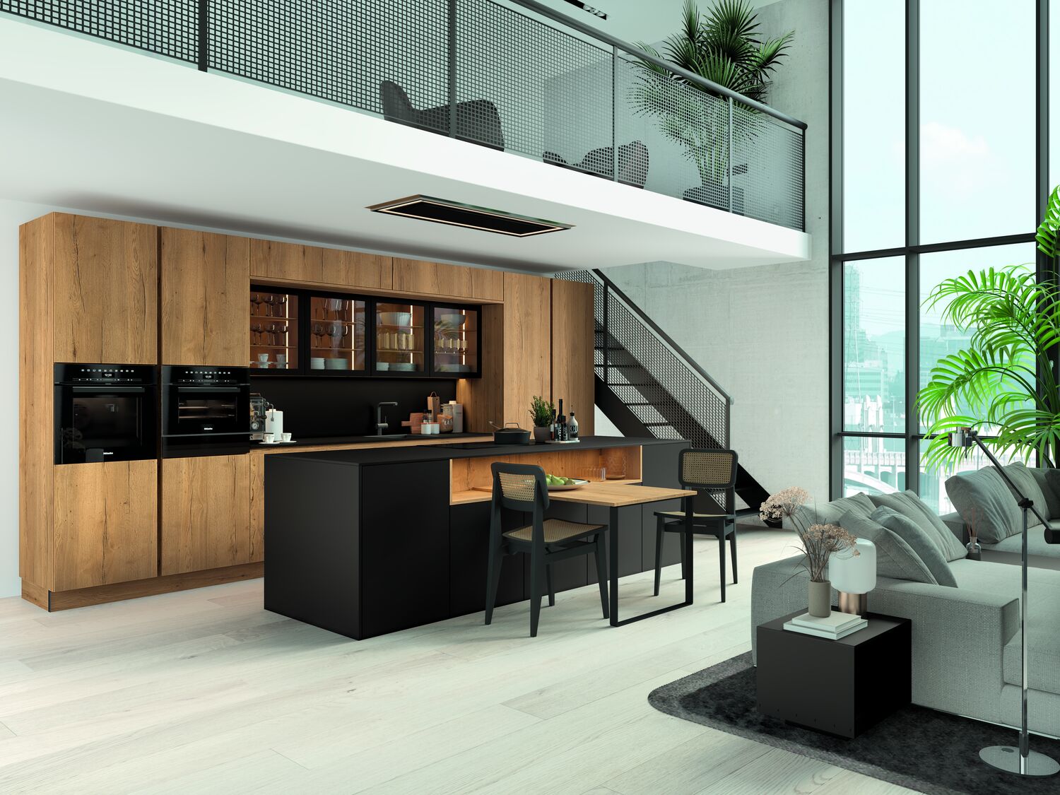 Cuisine en chêne Halifax et noir mat dans un loft à mezzanine